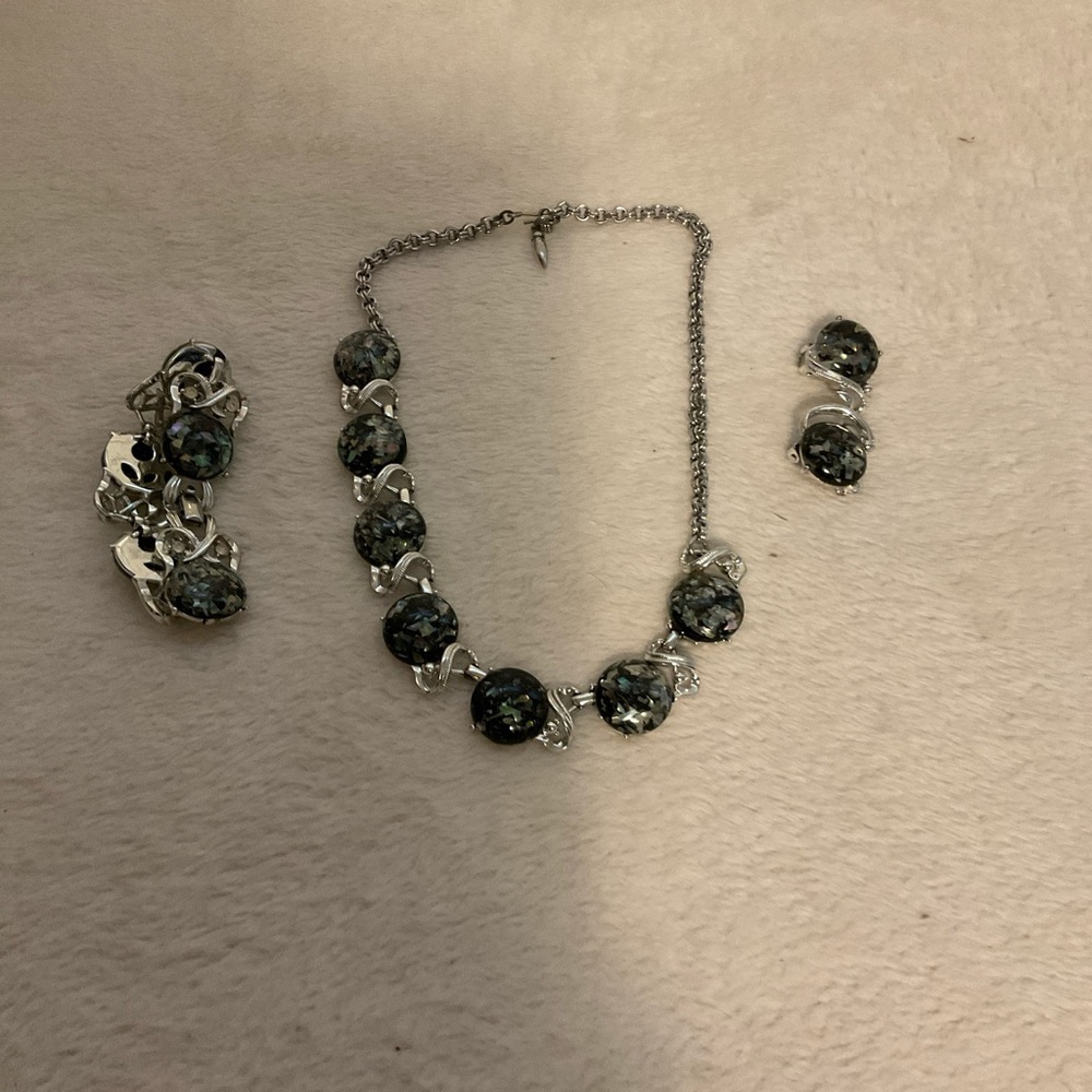 Silver-Tone Necklace Set with Black and Green Glitter Cabochons